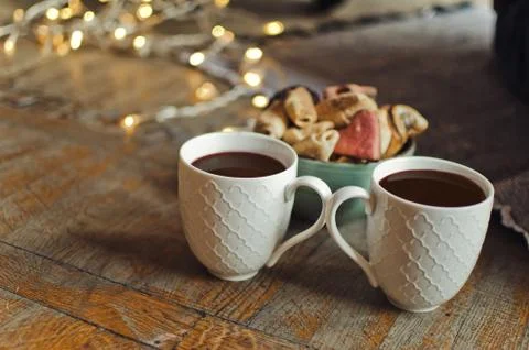 Breakfast, fragrant coffee with biscuits Stock Photos