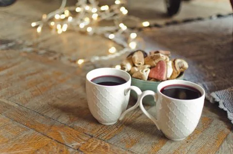 Breakfast, fragrant coffee with biscuits Stock Photos