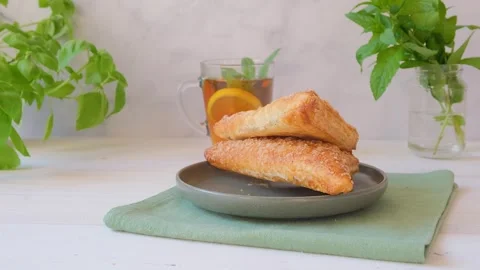 Breakfast with fresh apple buns Stock Footage 285221192