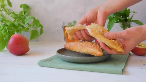 Breakfast with fresh apple buns Stock Footage 285221207