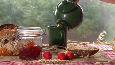 Breakfast of fresh bread tea and jam Stock Footage 161699233
