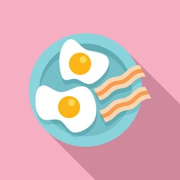 Breakfast fried egg bacon icon flat vector. Food plate Stock Illustration