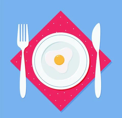 Breakfast fried egg on a plate, with a fork and knife on a napkin. Vector ill Stock Illustration