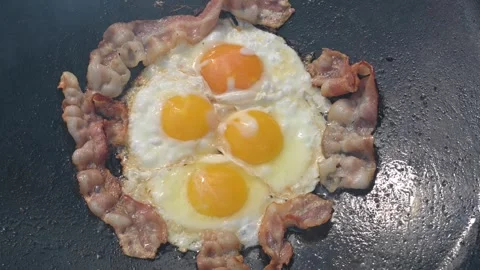 Breakfast with fried eggs and bacon close up Stock Footage 251569671