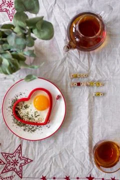 Breakfast Fried Eggs and Tea on Valentines Day Stock Photos