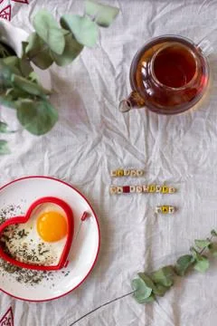 Breakfast Fried Eggs and Tea on Valentines Day Stock Photos