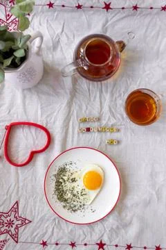 Breakfast Fried Eggs and Tea on Valentines Day Stock Photos