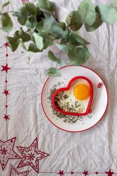 Breakfast Fried Eggs and Tea on Valentines Day Stock Photos
