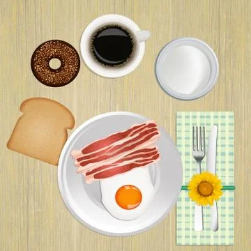 Breakfast with fried eggs, bacon, donut and cup of coffee Stock Illustration