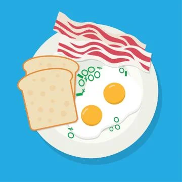 Breakfast of fried eggs, bacon on white plate Stock Illustration