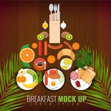 Breakfast of fried eggs, coffee and other meals. Menu cover design with tropical Stock Illustration