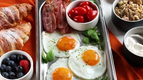 Breakfast with fried eggs.  Stock Footage 130714487
