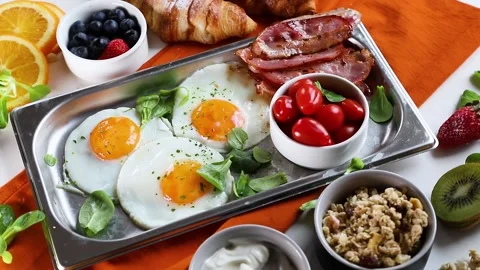 Breakfast with fried eggs.  Stock Footage 130714507