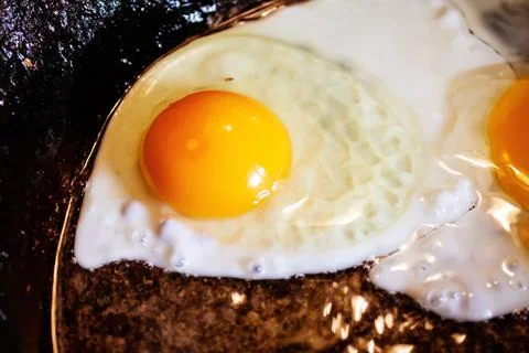 For breakfast, fried eggs. Fried eggs in a frying pan. Stock Photos