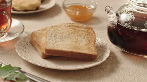 Breakfast with fried eggs toasts and tea Stock Footage 65258765