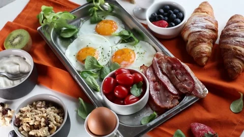Breakfast with fried eggs. Top view, rotation Stock Footage 304656564