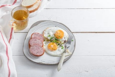 Breakfast with fried egs and sandwich, copy space Stock Photos