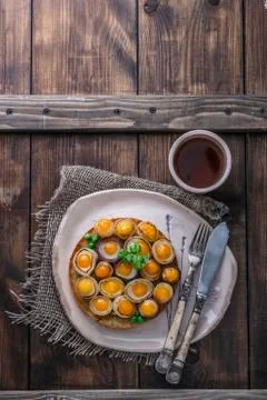 Breakfast with fried mini eggs and breadm copy space Stock Photos