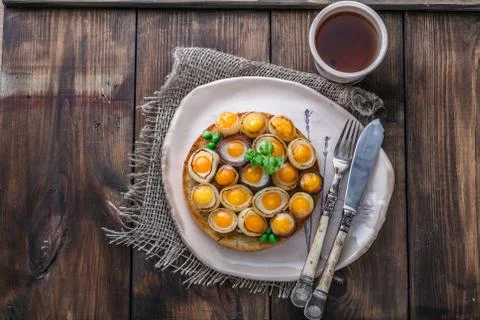 Breakfast with fried mini eggs and breadm copy space Stock Photos
