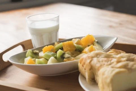 Breakfast with fruit and cake Stock Photos