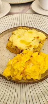 Breakfast with fruit and eggs Stock Photos