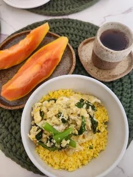 Breakfast with fruit and eggs Stock Photos