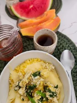 Breakfast with fruit and eggs Stock Photos