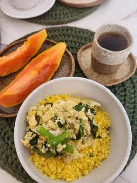 Breakfast with fruit and eggs Stock Photos