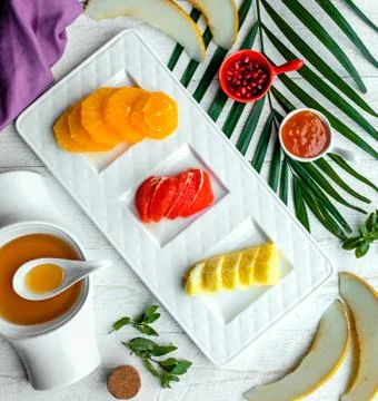 Breakfast fruit set on the table top view Stock Photos