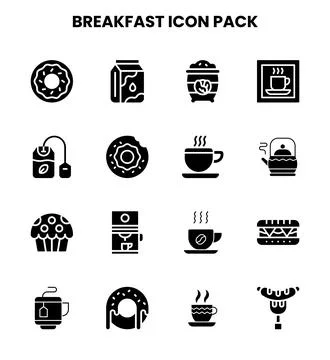 Breakfast Glyph Set Icons Pack Stock Illustration
