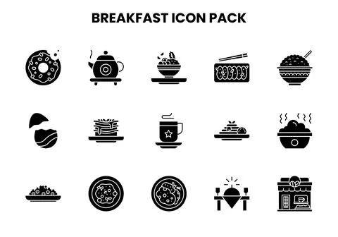 Breakfast Glyph Vector Icons Pack Stock Illustration