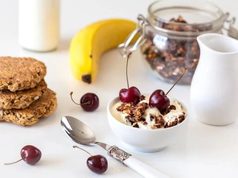 Breakfast with granola Stock Photos