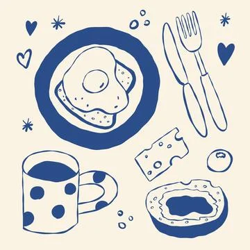 Breakfast handdrawn outline egg on toast, coffee mug, cheese slice, bagel wit Stock Illustration