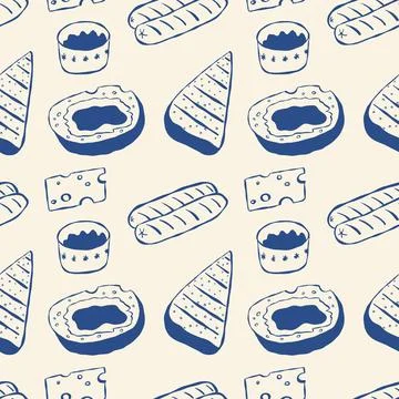 Breakfast handdrawn outline pattern featuring bread, croissant, cheese motifs 스톡 일러스트