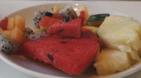 Breakfast at the hotel fruit dessert Video stock 62639565