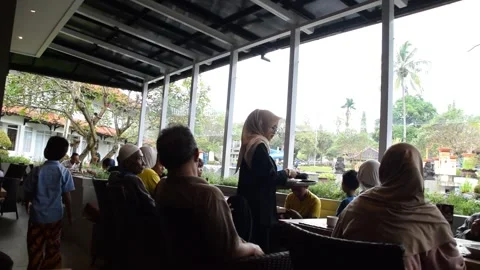 Breakfast at hotel restaurant with pool and mountain view Kuningan Stock Footage 312687833