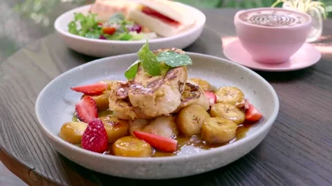 Breakfast in Hotel - Toasted Bread with Berries and Fruits, Sandwich, Coffee Stock Footage 162334851