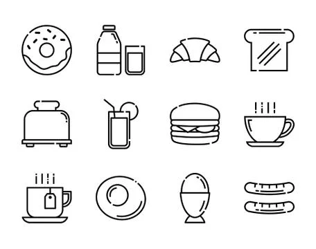 Breakfast icons set. Thin line style. Stock Illustration