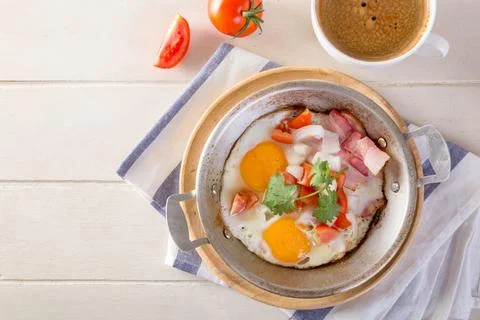 Breakfast including coffee, Egg pan, bread, Stock Photos