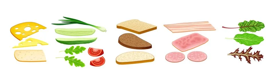 Breakfast Ingredients with Cheese, Bread, Vegetable and Meat Vector Set Illustrazione stock