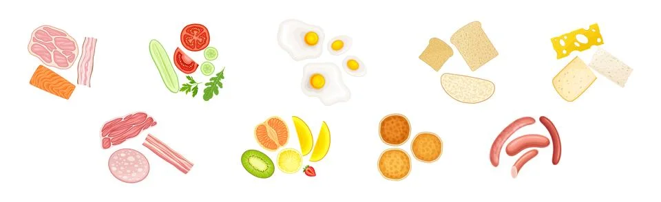 Breakfast Ingredients with Meat, Vegetable, Egg, Bread, Cheese, Pancake and Stock Illustration