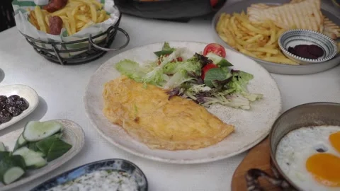 Breakfast items served on a table in a cafe Stock Footage 340863117