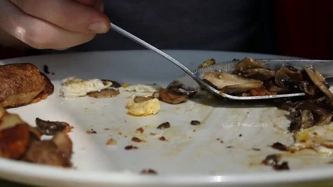 Breakfast Knife fork potato egg mushroom plate Stock Footage 123616173