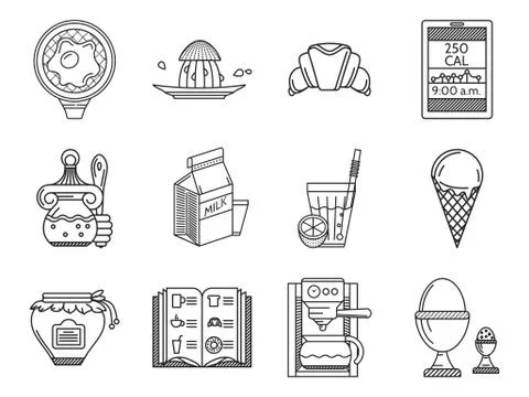 Breakfast line vector icons set Stock Illustration