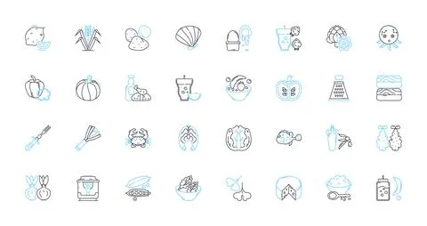 Breakfast linear icons set. Eggs, Toast, Pancakes, Omelette, Cereal, Bacon Stock Illustration