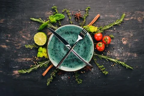Breakfast Lunch Dinner. Serving table with dishes and vegetables. Top view. F Stock Photos