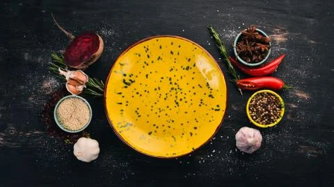 Breakfast Lunch Dinner. Serving table with dishes and vegetables. Top view. F Stock Photos