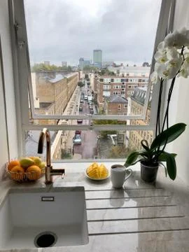 Breakfast: mango, coffee and a window view of London street 写真素材
