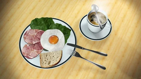 Breakfast Meal Egg Bread Meat Slice and Coffee Stock-Footage 138588779