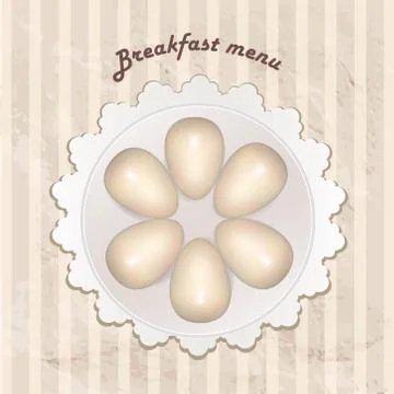 Breakfast menu with cooked eggs over seamless retro pattern. Stock Illustration